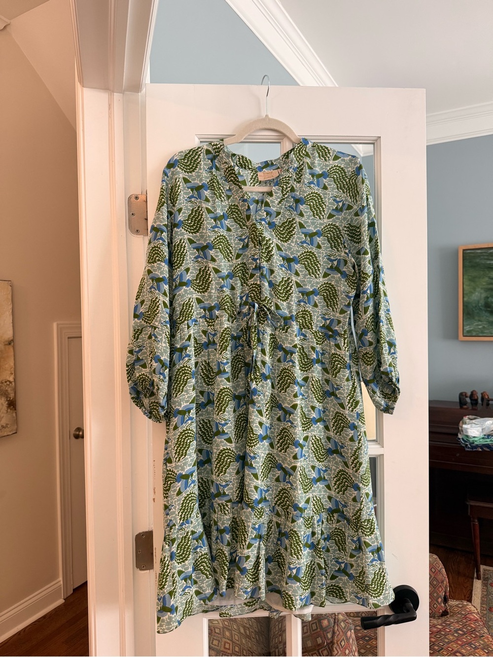 100% Silk Blue and Green Floral Midi Dress with Button Front